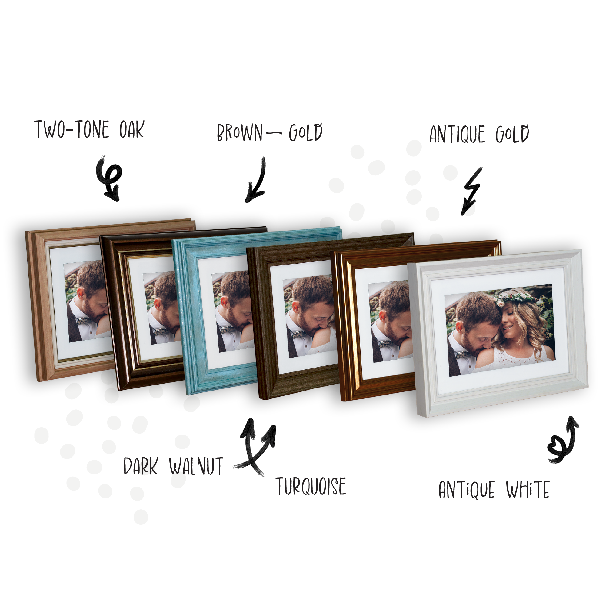 Multiple colored digital frame with bride and groom on it.