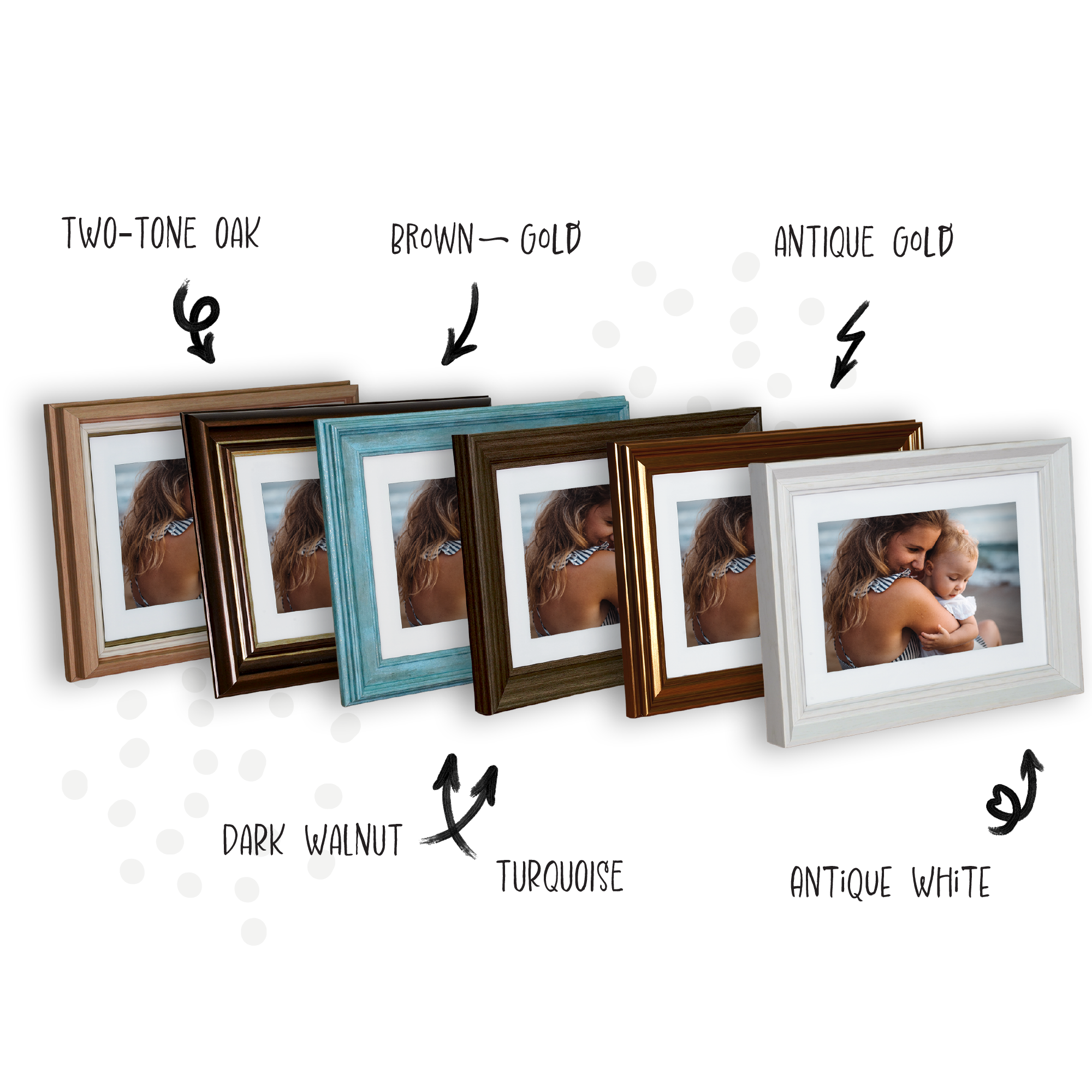 Multiple colored digital frames with a mother and child in her arms at a beach